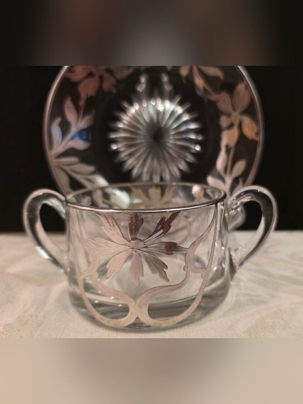 Vintage Sterling Silver Overlay Clear Glass Open Surgar Bowl & Plate Florals